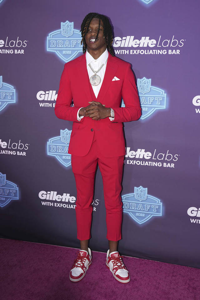 Jameson Williams Goes Red-Hot in Highwater Pants & Louis Vuitton x Virgil  Abloh Sneakers to NFL Draft 2022