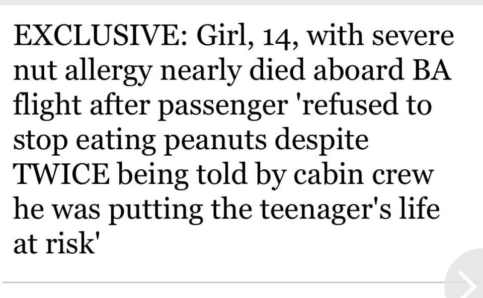 Headline of a girl with a severe nut allergy nearly dying because another passenger didn't stop eating nuts near her