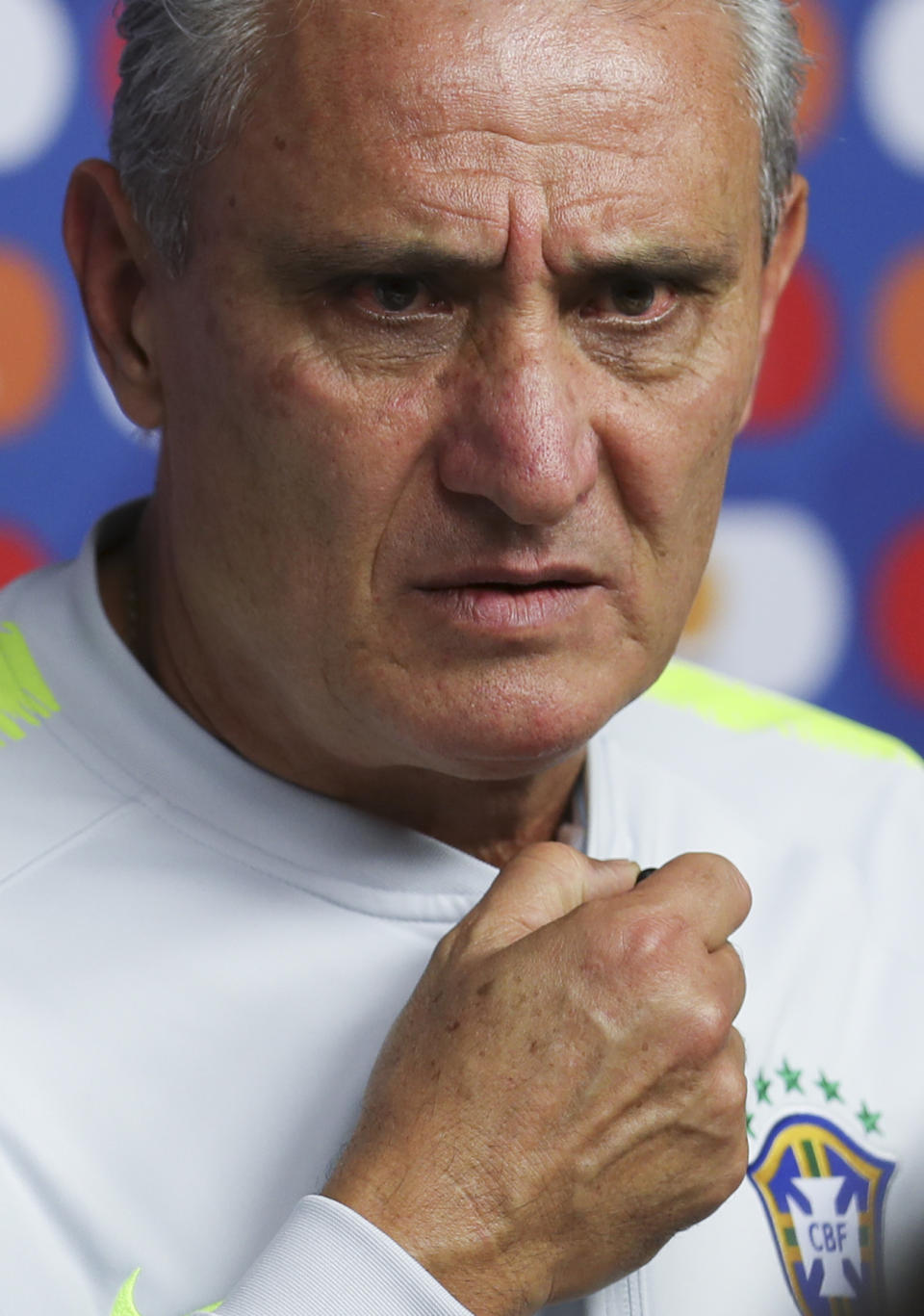 Brazil's coach Tite looks on during press conference in Belo Horizonte, Brazil, Monday, July 1, 2019. Brazil will face Argentina for a Copa America semifinal match on July, 2.(AP Photo/Natacha Pisarenko)