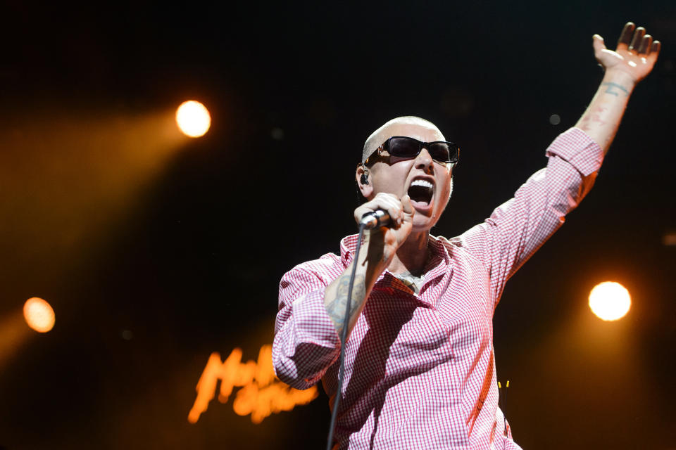 FILE - Irish singer Sinead O'Connor performs on the Stravinski Hall stage at the 49th Montreux Jazz Festival, in Montreux, Switzerland on July 4, 2015. The estate of Sinead O’Connor has asked Donald Trump not to play her music at campaign rallies, saying the late singer considered the former president a “biblical devil.” (Jean-Christophe Bott/Keystone via AP, File)