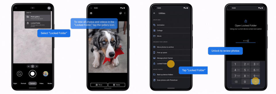 Google Photos Locked Folder. A composite of four screenshots showing how to save photos to the new Locked Folder feature and where to find the file later (in Utilities).
