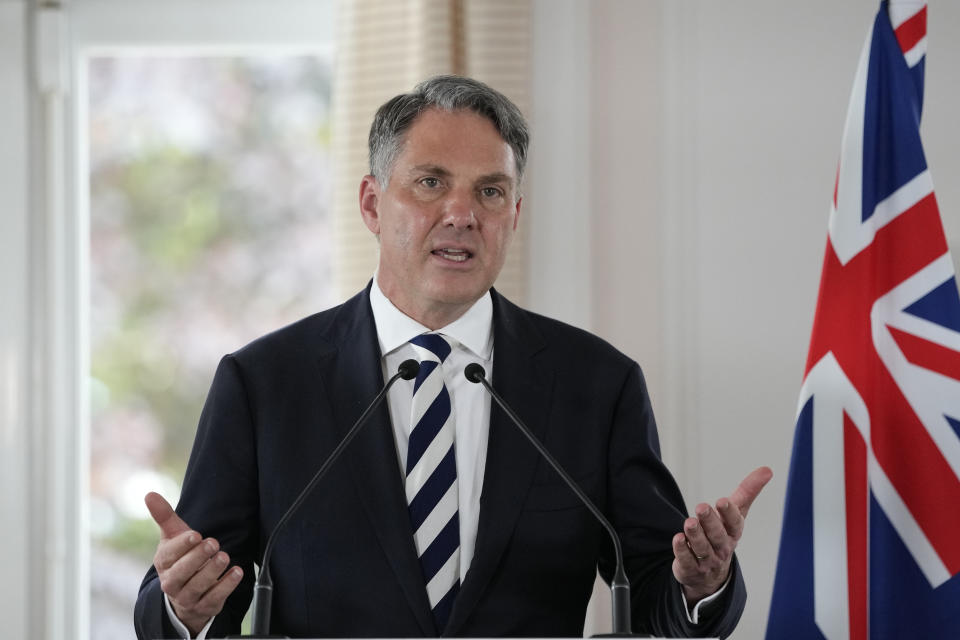 Deputy Prime Minister of Australia and Minister for Defense Richard Marles speaks during a joint press conference with French Defense Minister Sebastien Lecornu Thursday, Sept. 1, 2022 in Brest, Brittany. After coming to power in May elections, Australian Prime Minister Anthony Albanese's Labor Party government announced it had agreed to pay France's Naval Group a 555-million-euro ($583 million) settlement for breaking the contract for French-made diesel-electric submarines. (AP Photo/Francois Mori)