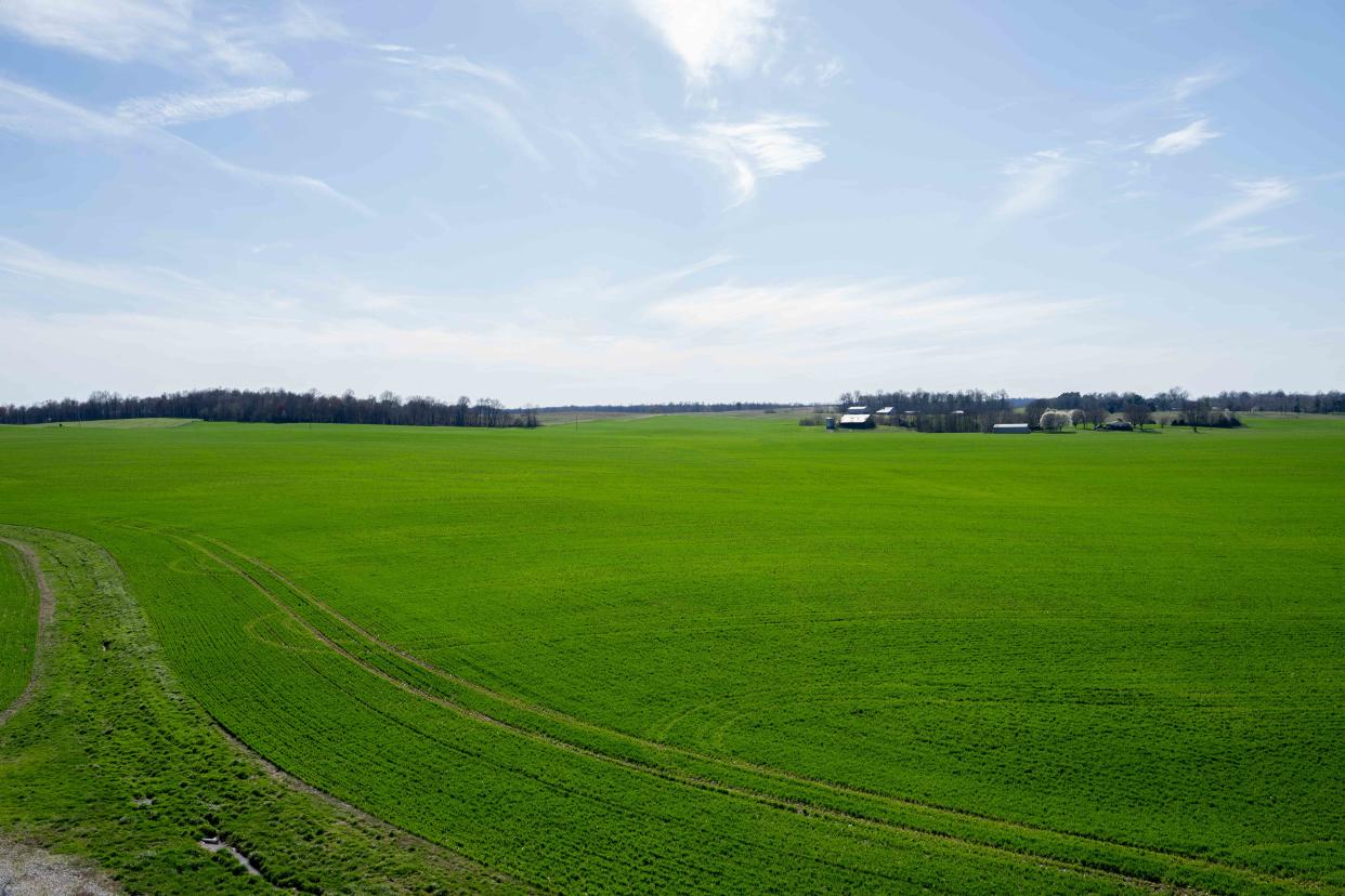 Aerial view of Ryan Bivens’ farm on Saturday, March 16, 2024, in LaRue County from above his silos.