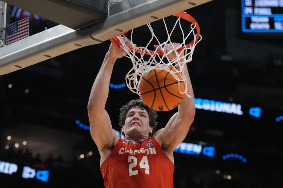 Mar 28, 2024; Los Angeles, CA, USA; Clemson Tigers center PJ Hall (24) shoots against the Arizona Wildcats in the second half in the semifinals of the West Regional of the 2024 NCAA Tournament at Crypto.com Arena. Kirby Lee/USA TODAY Sports