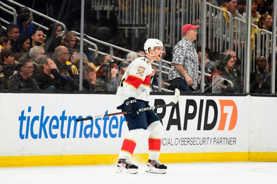 May 17, 2024; Boston, Massachusetts, USA; Florida Panthers defenseman Gustav Forsling (42) reacts after scoring a goal during the third period in game six of the second round of the 2024 Stanley Cup Playoffs against the Boston Bruins at TD Garden. Mandatory Credit: Bob DeChiara-USA TODAY Sports