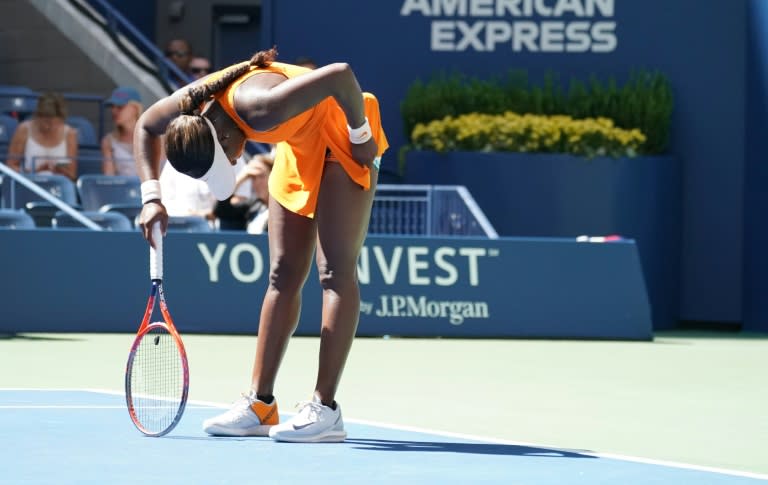 Feeling the heat: Defending champion Sloane Stephens takes a breath during her US Open quarter-final loss to Anastasija Sevastova