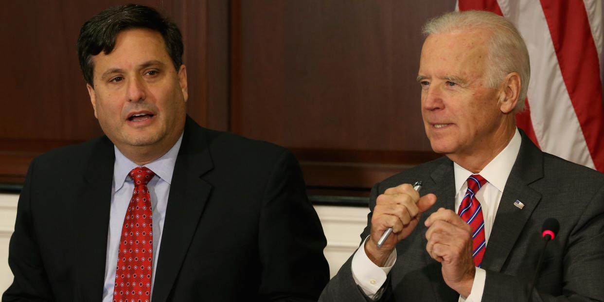 WASHINGTON, DC - NOVEMBER 13: U.S. Vice President Joseph Biden (R) and Ebola Response Coordinator Ron Klain (L), participate in a meeting regarding Ebola at the Eisenhower Executive office building November 13, 2014 in Washington, D.C. Vice President Biden met with leaders of faith, humanitarian, and non-governmental organizations that are responding to the Ebola crisis in West Africa. (Photo by Mark Wilson/Getty Images)