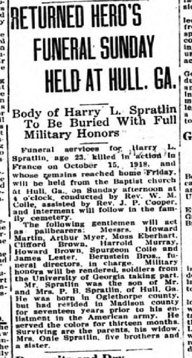 An article in the Athens Banner on Sept. 24, 1921, documented the return of Spratlin's body to Georgia and the burial.