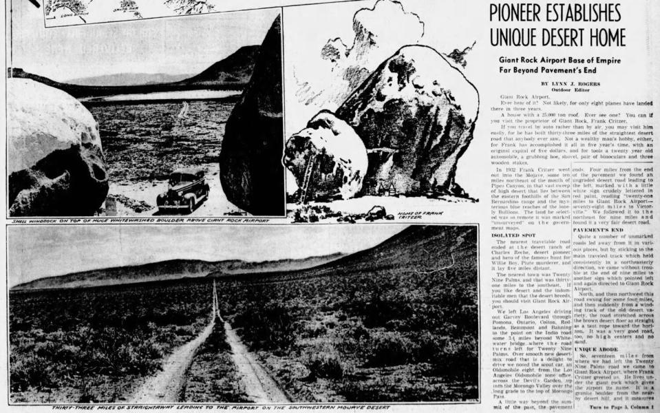 A newspaper clipping shows images of Giant Rock and the road to it.  Headline: Pioneer builds unique desert house