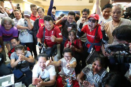 Supporters of Pheu Thai Party react after unofficial results, during the general election in Bangkok, Thailand, March 24, 2019. REUTERS/Athit Perawongmetha