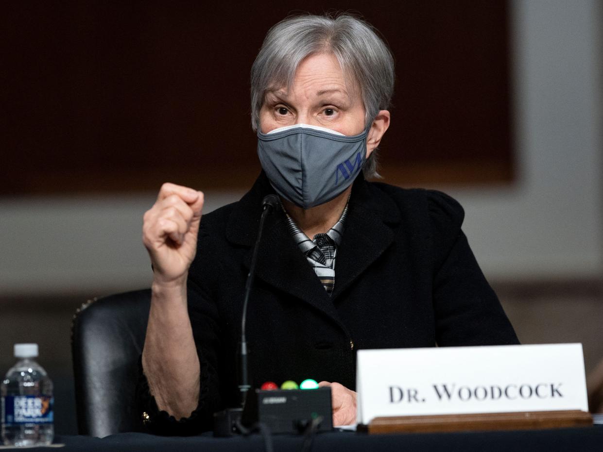 Dr. Janet Woodcock, acting commissioner of the Food and Drug Administration, answers questions during a Senate Health, Education, Labor, and Pensions Committee hearing to examine the federal response to Covid-19 and new emerging variants on January 11, 2022 at Capitol Hill in Washington, DC.