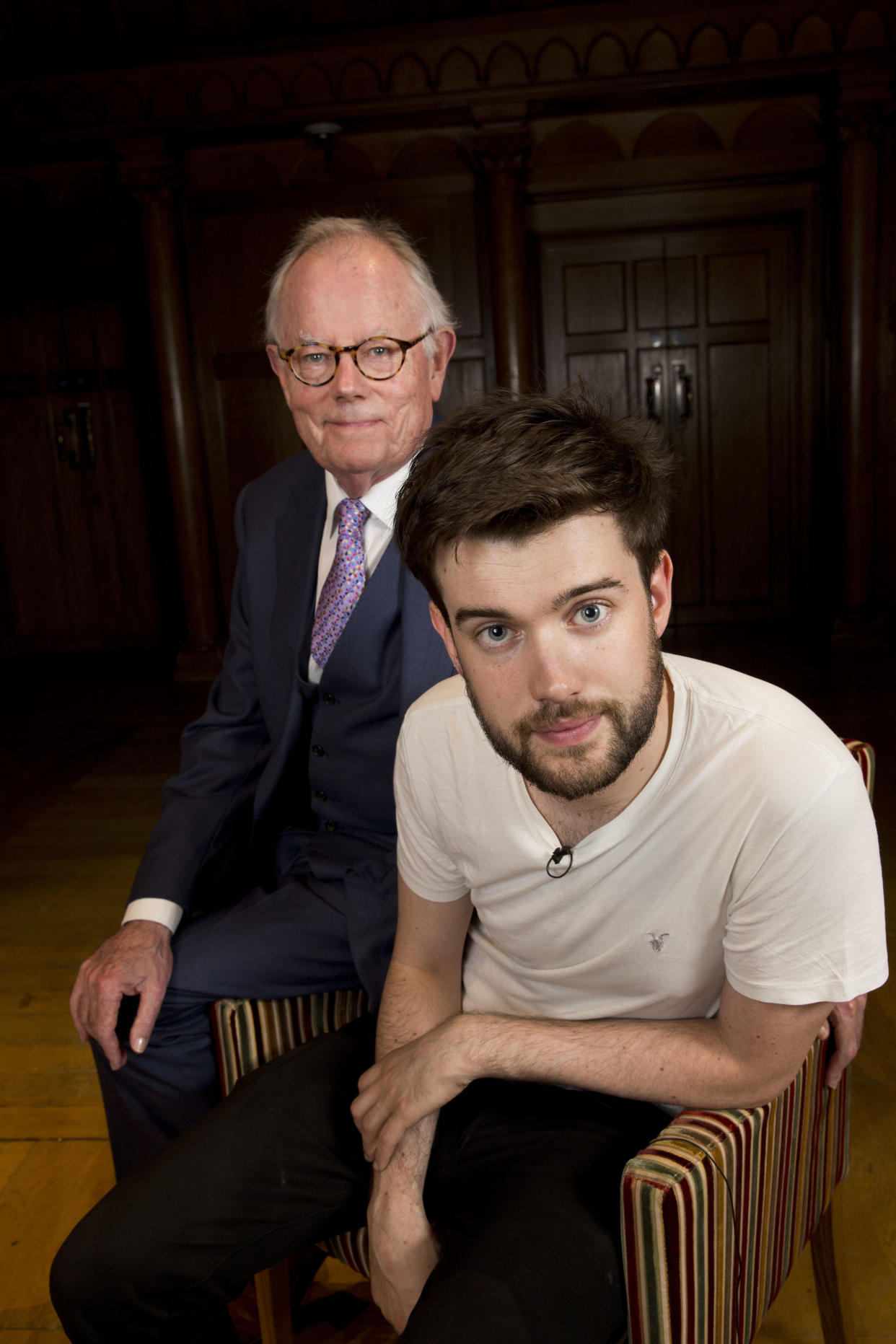 LONDON, ENGLAND - OCTOBER 25:  (EXCLUSIVE COVERAGE) Michael Whitehall and Jack Whitehall pose during 'Him & Me', an evening of entertainment by Jack Whitehall and his father Michael Whitehall at Cadogan Hall on October 25, 2013 in London, England.  (Photo by David Levenson/Getty Images)