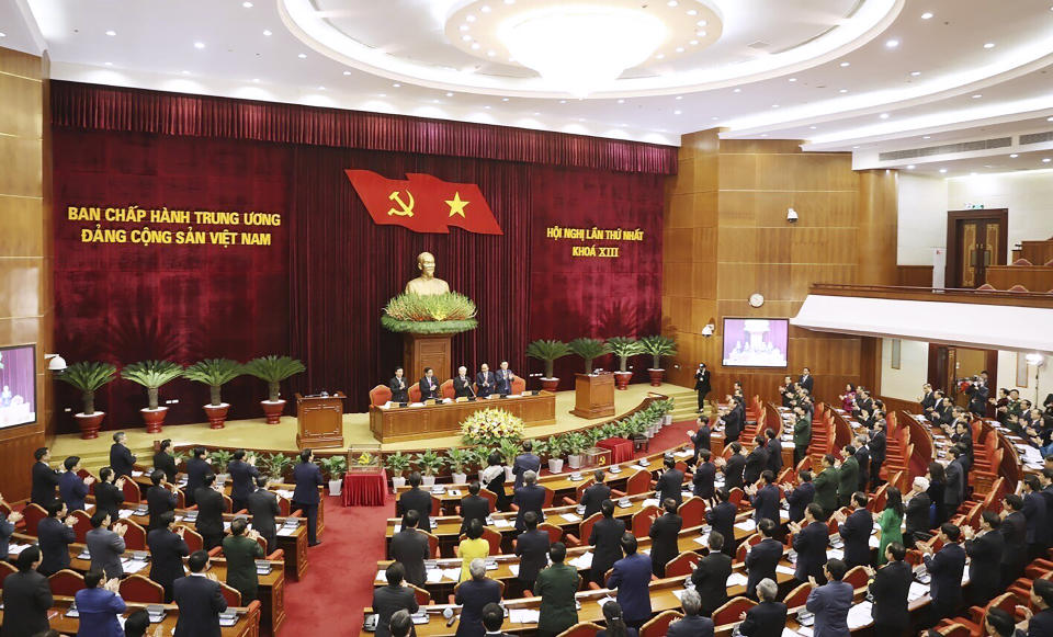 Vietnam Communist party central committee holds a meeting in Hanoi, Vietnam, Sunday, Jan. 31, 2021. Vietnam Communist Party has re-elected Nguyen Phu Trong for another term as the party's General Secretary, the country de-facto top leader. (Le Tri Dung/VNA via AP)