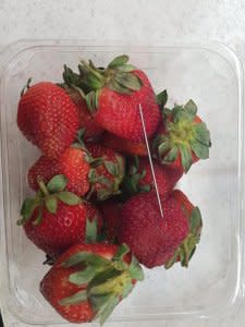 FILE PHOTO: Supplied undated handout image obtained September 14, 2018 of a thin piece of metal seen among a punnet of strawberries in Gladstone. AAP/Queensland Police/Handout via REUTERS