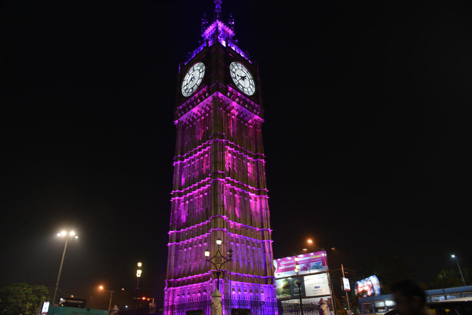 KOLKATA, INDIA NOVEMBER 21: A replica of Britains iconic tower Big Ben is lit in pink to mark India's Pink Ball test match against Bangladesh, at Lake Town, on November 21, 2019 in Kolkata, India. (Photo by Samir Jana/Hindustan Times via Getty Images)