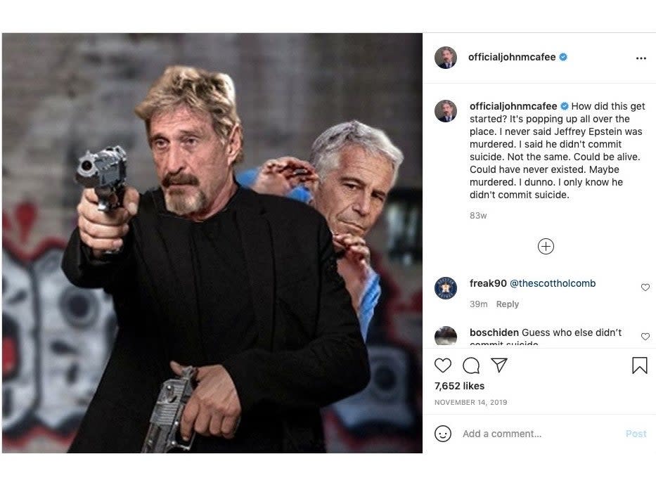 John McAfee claimed Jeffrey Epstein could have been murdered, or faked his own death (John McAfee/ Instagram)