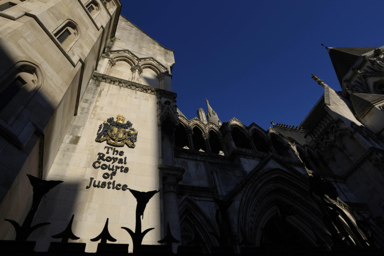 The Royal Courts of Justice in London, Thursday, Dec. 2, 2021. A British court has dismissed an appeal by a newspaper publisher seeking to overturn an earlier ruling that it breached the privacy of the Duchess of Sussex by publishing portions of a letter she wrote to her estranged father. (AP Photo/Kirsty Wigglesworth)