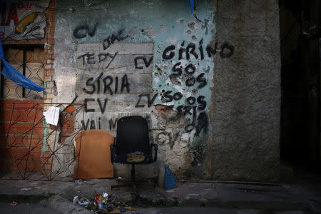 A chair stands in front of a wall damaged by bullet holes in a passage known as "beco da Siria" (Syria alley) in Jacarezinho slum in Rio de Janeiro, Brazil, January 10, 2018. REUTERS/Pilar Olivares