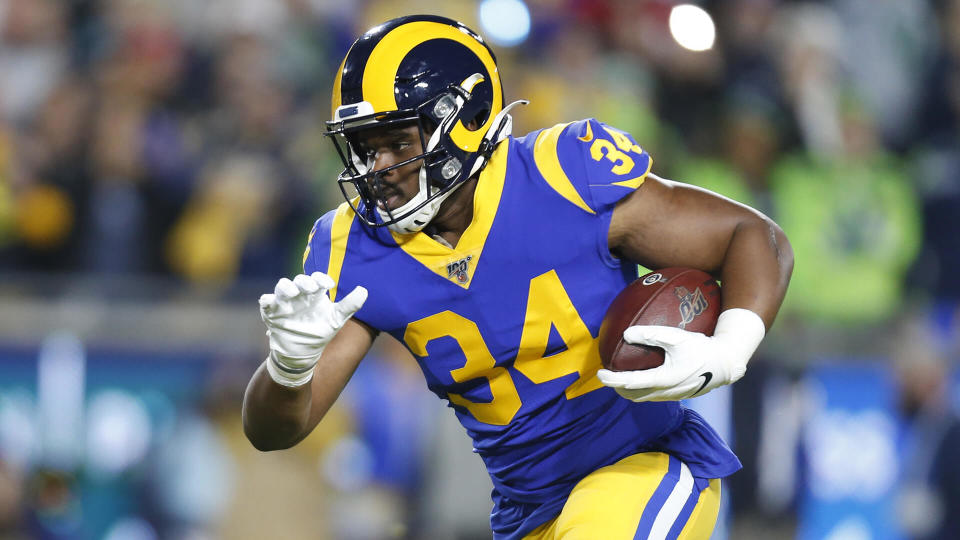 Mandatory Credit: Photo by Charles Baus/CSM/Shutterstock (10495064h)Los Angeles Rams running back Malcolm Brown (34) carries the ball and scores a touchdown during the NFL game between the Los Angeles Rams and the Seattle Seahawks at the Los Angeles Memorial Coliseum in Los Angeles, CaliforniaNFL Seahawks vs Rams, Los Angeles, USA - 08 Dec 2019.
