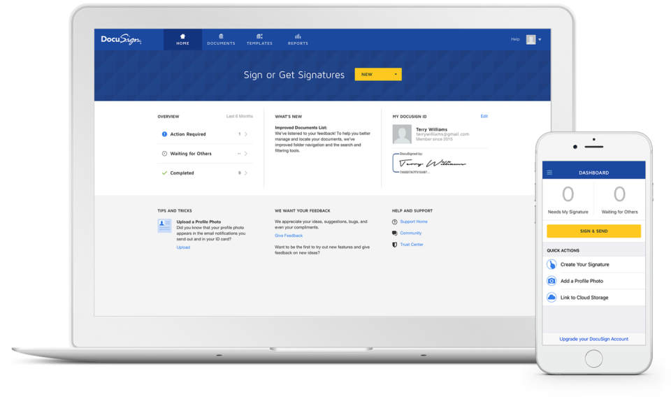 DocuSign's e-signature product on a laptop and smartphone.