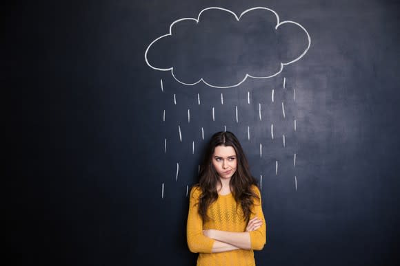 Unpleased young woman with raincloud drawn over her on a blackboard background standing with arms crossed.