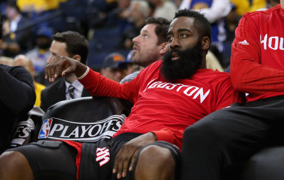 <p>OAKLAND, CA - APRIL 27: James Harden #13 of the Houston Rockets sits on the bench during the final minutes of their loss to the Golden State Warriors in Game Five of the Western Conference Quarterfinals during the 2016 NBA Playoffs at ORACLE Arena on April 27, 2016 in Oakland, California. NOTE TO USER: User expressly acknowledges and agrees that, by downloading and or using this photograph, user is consenting to the terms and conditions of Getty Images License Agreement. (Photo by Ezra Shaw/Getty Images)</p>