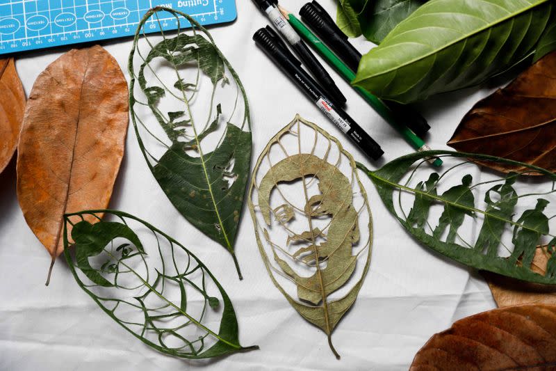 Filipino artist transforms leaves into creative portraits