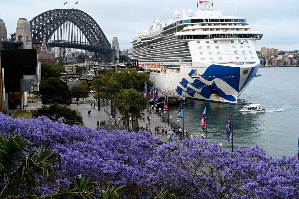 The Majestic Princess cruise ship is seen docked at the International Terminal on Circular Quay in Sydney on November 12, 2022. - The Majestic Princess docked in Sydney with more than 800 Covid-19 positive passengers onboard, reports said.