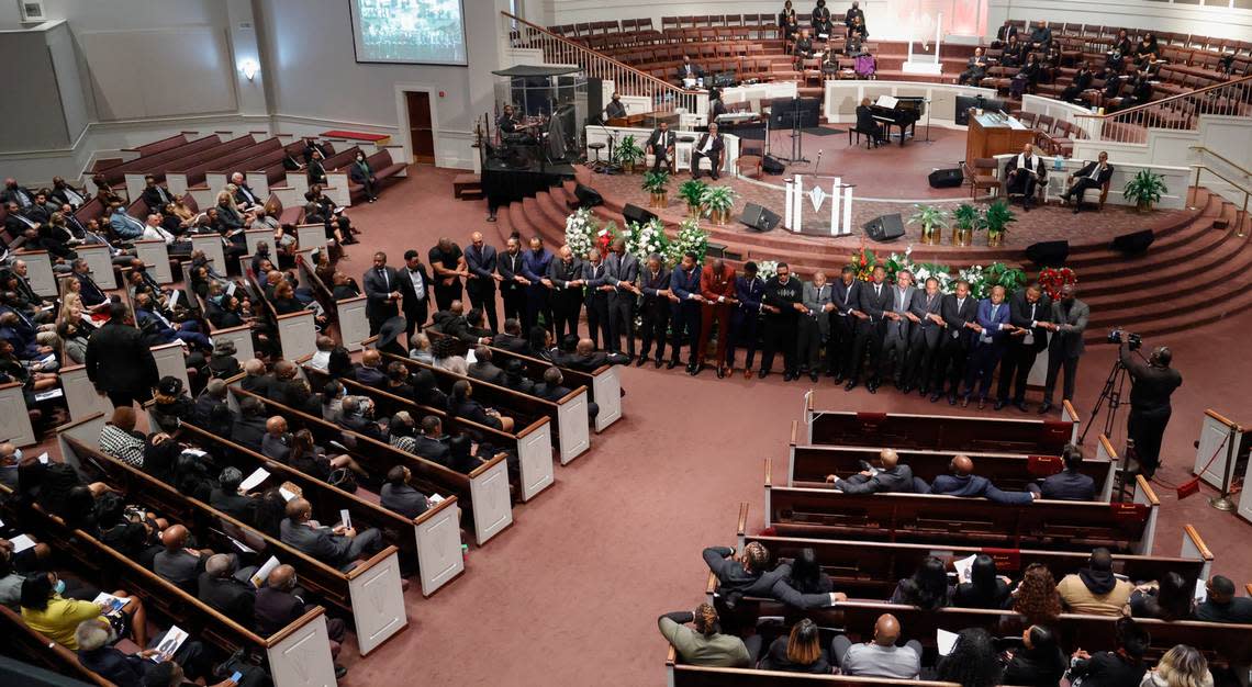 Morehouse Men pay tribute to their brother during the funeral for former Columbia Councilman Brian DeQuincey Newman at Brookland Baptist Church on Monday, Dec. 9, 2023.