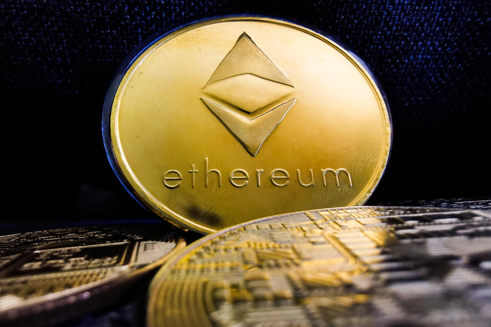 Representation of Ethereum cryptocurrency is seen in this illustration photo taken in Sulkowice, Poland on August 12, 2021. (Photo by Jakub Porzycki/NurPhoto via Getty Images)