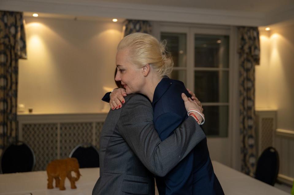 Sviatlana Tsikhanouskaya (L) hugs Yulia Navalnaya (R), wife of killed Russian opposition leader Alexei Navalny, in Munich, Germany, on Feb. 16, 2025. (Sviatlana Tsikhanouskaya)