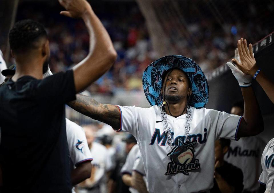 Miami Marlins right fielder Jorge Soler (12) celebrates his home run, the first of three for the Marlins in a row, during the eight inning of a baseball game on Monday, Aug. 14, 2023, at loanDepot Park in Miami. Alie Skowronski/askowronski@miamiherald.com