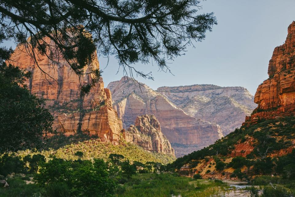 Views of Zion Park mountains from Angel's Landing during summer.