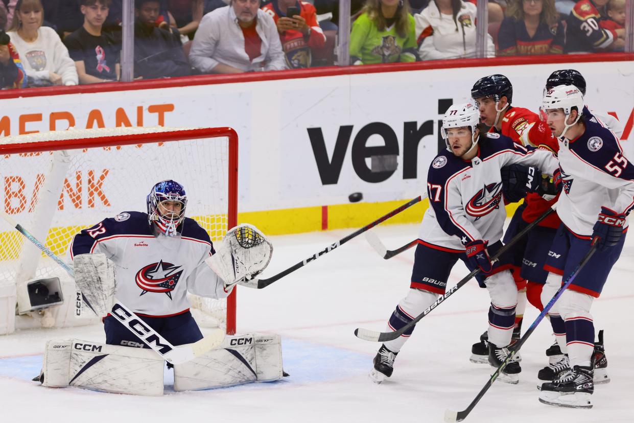 Apr 11, 2024; Sunrise, Florida, USA; Columbus Blue Jackets goaltender Jet Greaves (73) defends his net against the Florida Panthers during the third period at Amerant Bank Arena. Mandatory Credit: Sam Navarro-USA TODAY Sports