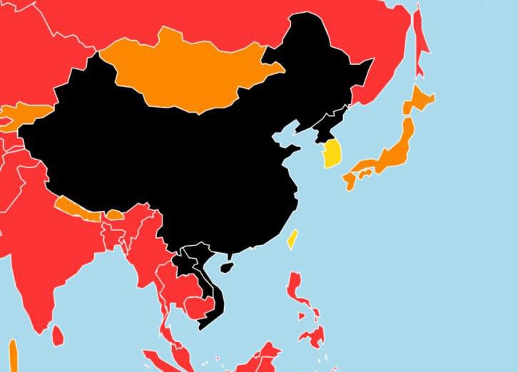 國際NGO無國界記者發表《2019全球新聞自由指數》報告，在全部180個國家及地區中，中國的新聞自由排名177名，比往年下跌1名。(翻攝自無國界記者組織)