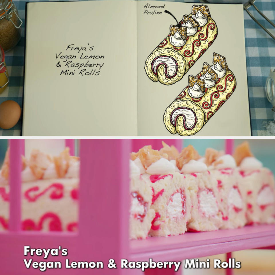 Freya's mini rolls decorated with almond praline and raspberry swirls side by side with their drawing