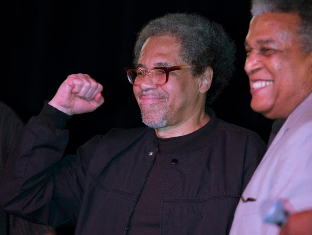 FAlbert Woodfox pumps his fist as he arrives on stage during his first public appearance at the Ashe Cultural Arts Center with Parnell Herbert, right, in New Orleans, Friday, Feb. 19, 2016, after his release from Louisiana State Penitentiary in Angola, La., earlier in the day. (AP Photo/Max Becherer, File)