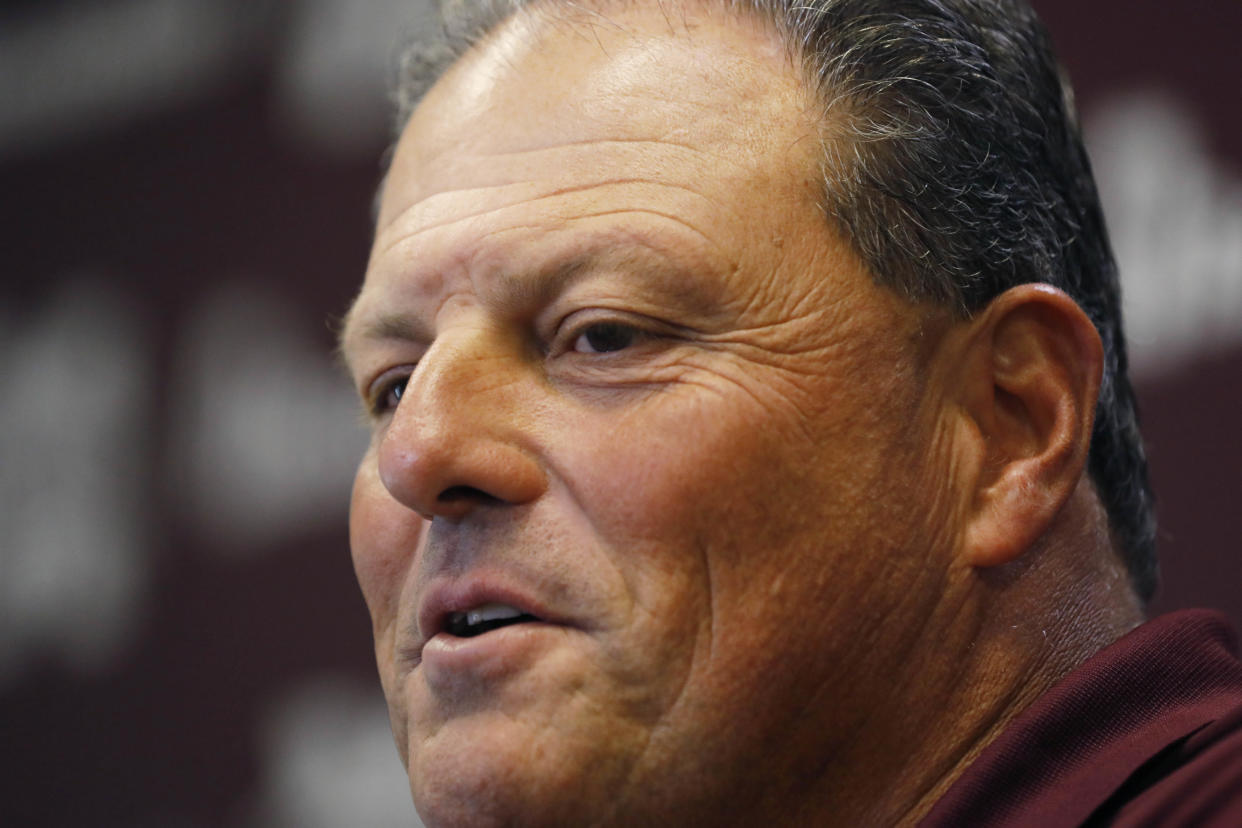 Mississippi State defensive coordinator Todd Grantham speaks to reporters about team goals this upcoming season during Media Day in Starkville, Miss., Tuesday, July 25, 2017. (AP Photo/Rogelio V. Solis)