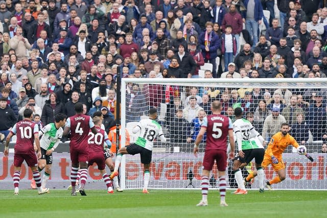 Jarrod Bowen scores against Liverpool 