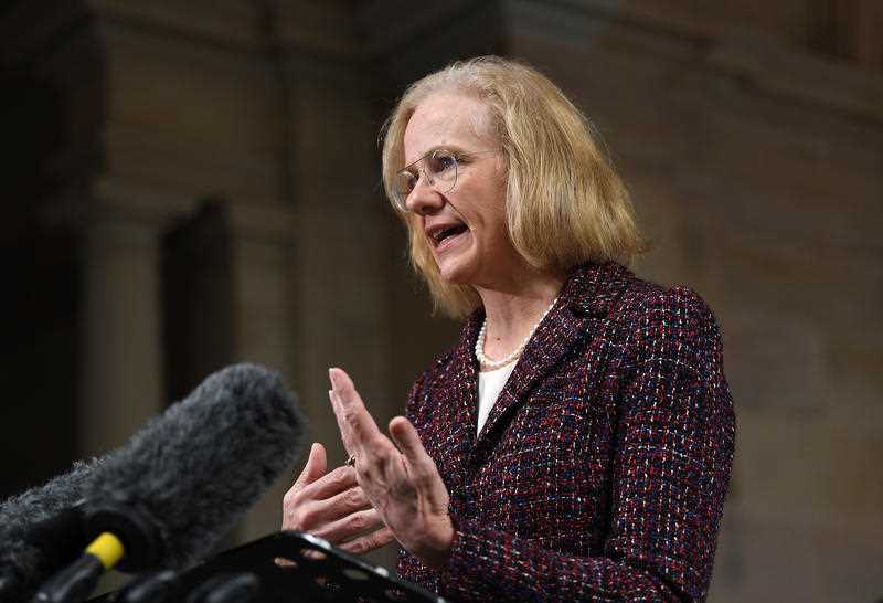 Queensland Chief Health Officer Dr Jeannette Young is seen during a press conference at Parliament House in Brisbane.