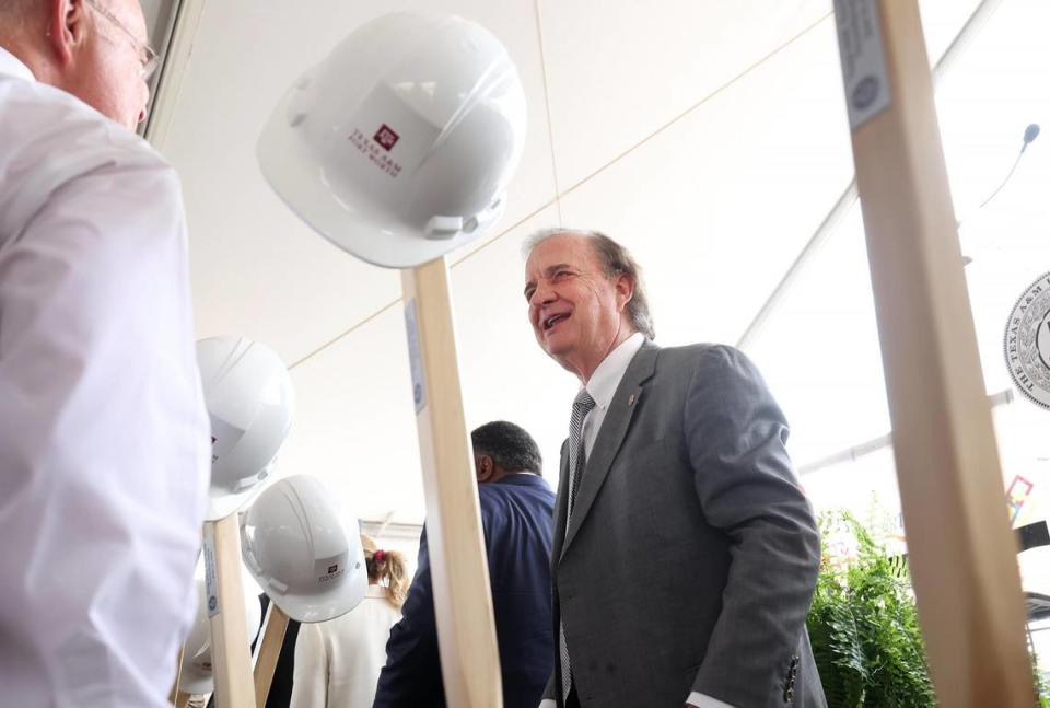 John Sharp, chancellor of the Texas A&M University System, talks with guests following the ground breaking for Texas A&M-Fort Worth’s first building of the new planned downtown campus on Wednesday, June 21, 2023.