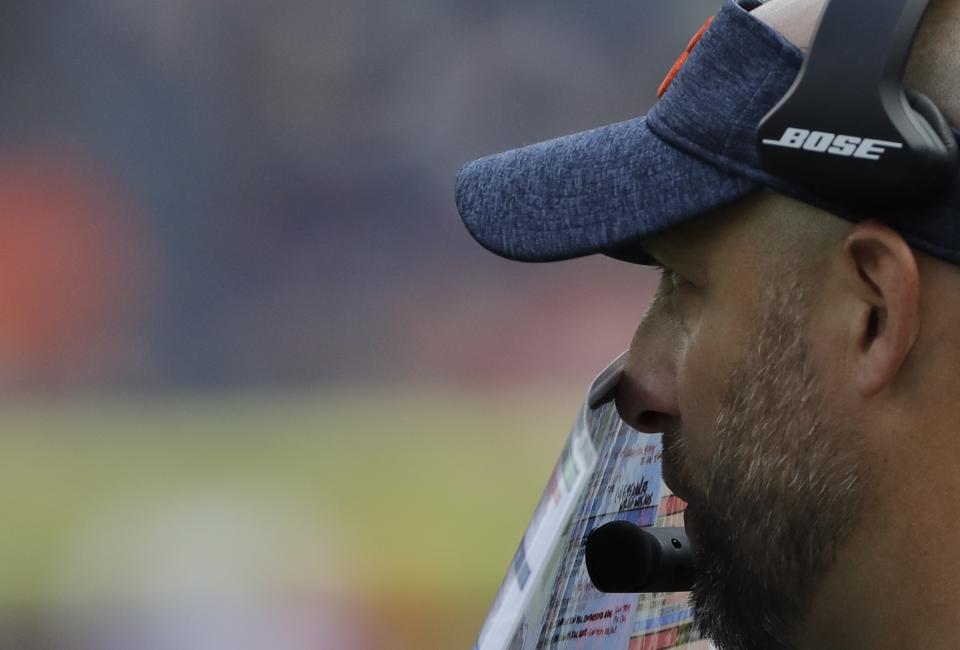 Chicago Bears head coach Matt Nagy calls a play during the second half of a preseason NFL football game against the Kansas City Chiefs Saturday, Aug. 25, 2018, in Chicago. (AP Photo/Nam Y. Huh)