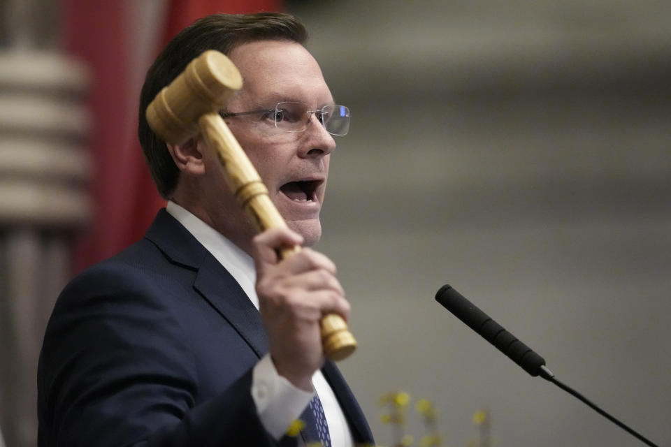 House Speaker Cameron Sexton, R-Crossville, bangs the gavel as he rules Rep. Justin Jones, D-Nashville, out of order during a legislative session Monday, Feb. 26, 2024, in Nashville, Tenn. (AP Photo/George Walker IV)