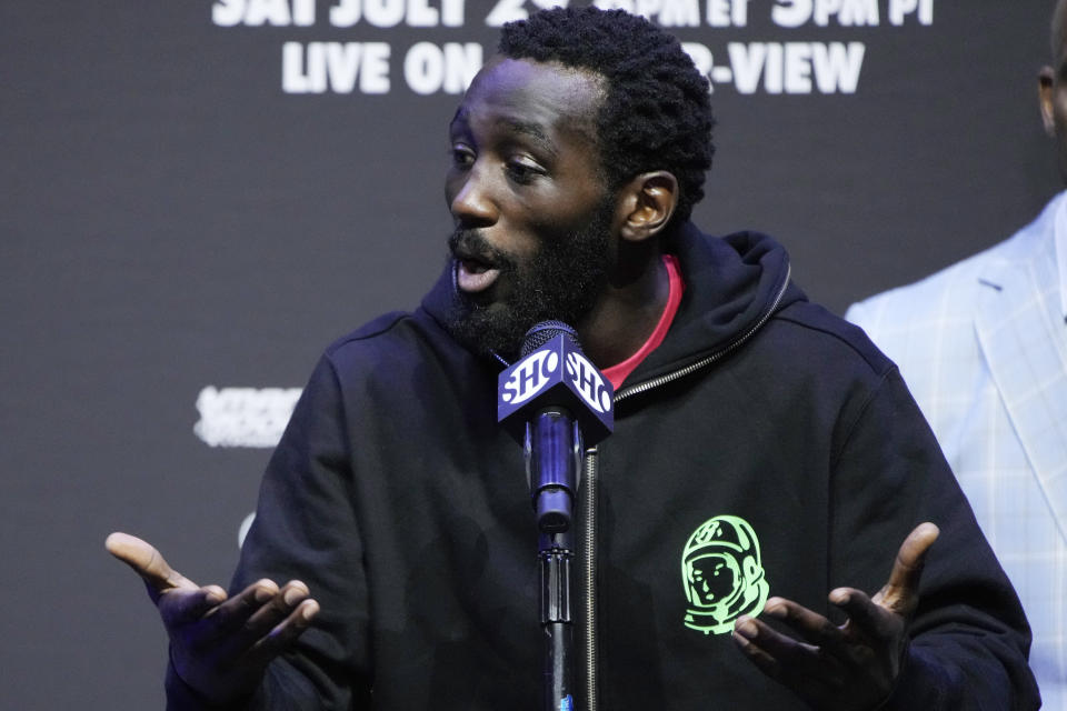 Terence Crawford speaks during a news conference Thursday, July 27, 2023, in Las Vegas. Crawford is scheduled to fight Errol Spence Jr. in an undisputed welterweight championship boxing match Saturday in Las Vegas. (AP Photo/John Locher)