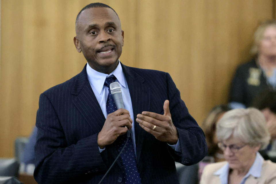 House Minority Leader Robert Reives, D-Chatham, speaks as redistricting bills are debated at the Legislative Building, Tuesday, Oct. 24, 2023, in Raleigh, N.C. (AP Photo/Chris Seward)