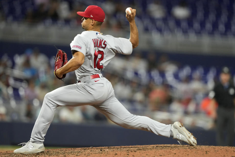 St. Louis Cardinals relief pitcher Jordan Hicks throws to a Miami Marlins batter during the ninth inning of a baseball game Wednesday, July 5, 2023, in Miami. (AP Photo/Lynne Sladky)