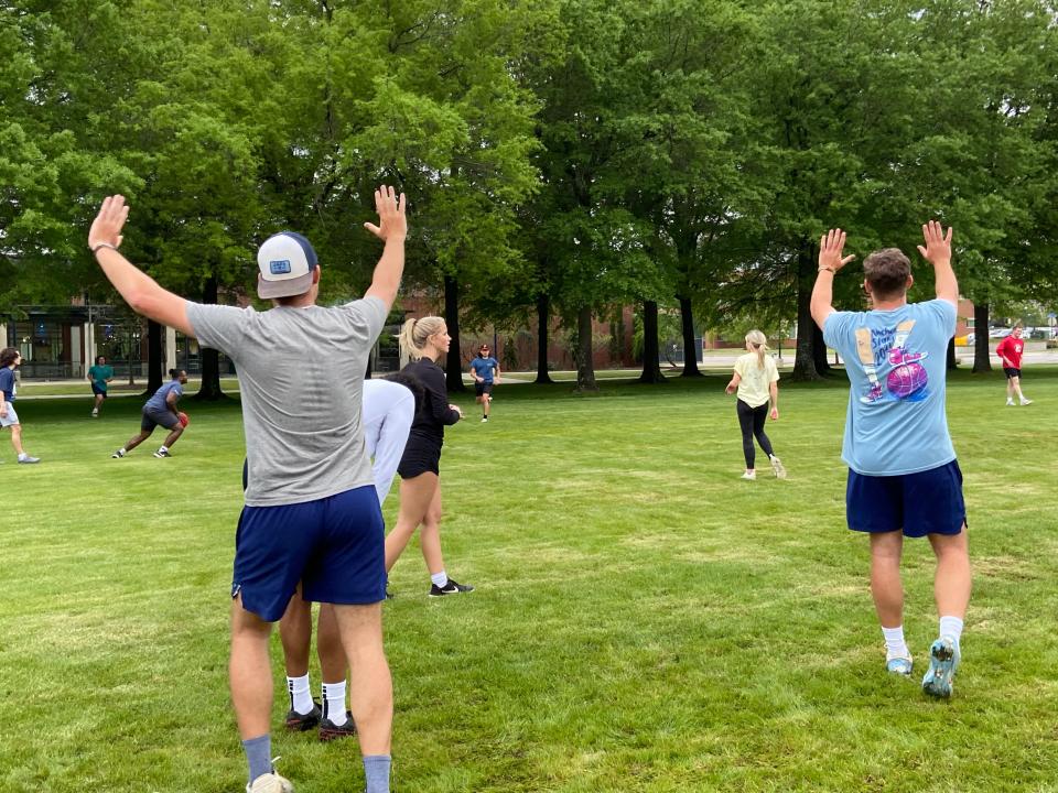 Students call a play during a kickball game at the MOX tournament.