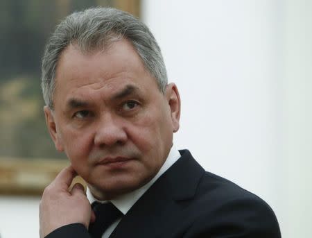 Russian Defence Minister Sergei Shoigu waits before a meeting of Russian President Vladimir Putin with Qatar's Emir Sheikh Tamim bin Hamad al-Thani at the Kremlin in Moscow, Russia March 26, 2018. REUTERS/Sergei Karpukhin/File