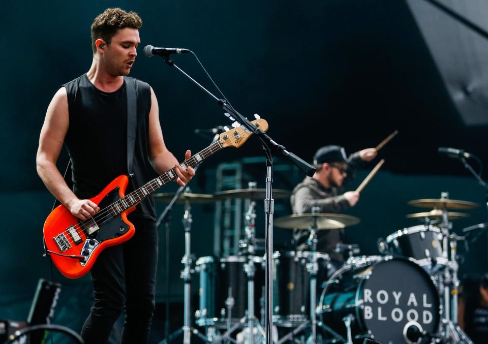 SAO PAULO, BRAZIL - MARCH 23: Mike Kerr, singer of Royal Blood performs during the Lollapaloosa Sao Paulo 2018 - Day 1 on March 23, 2018 in Sao Paulo, Brazil. (Photo by Alexandre Schneider/Getty Images)