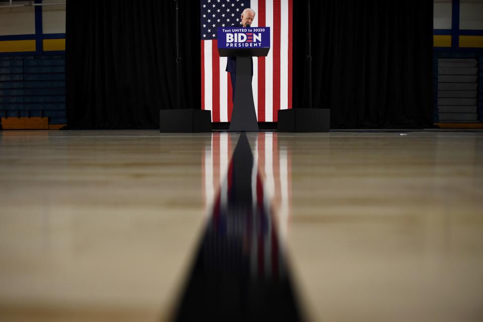 TOPSHOT - US Democratic presidential candidate Joe Biden speaks about the coronavirus pandemic and the economy on June 30, 2020, in Wilmington, Delaware. (Photo by Brendan Smialowski / AFP) (Photo by BRENDAN SMIALOWSKI/AFP via Getty Images)